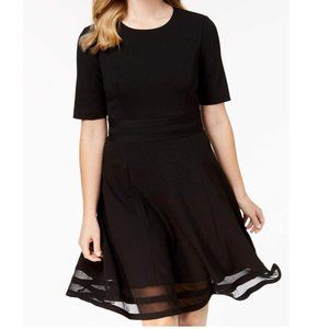 NWOT Calvin Klein Short Sleeve Illusion Trim Fit and Flare Black Dress SZ 12